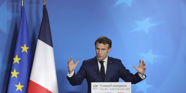 France's President Emmanuel Macron speaks during a media conference at an EU summit in Brussels, Thursday, Dec. 15, 2022. EU leaders met for a one day summit on Thursday to discuss Ukraine and further measures to contain energy prices hikes in the European Union. (AP Photo/Olivier Matthys)